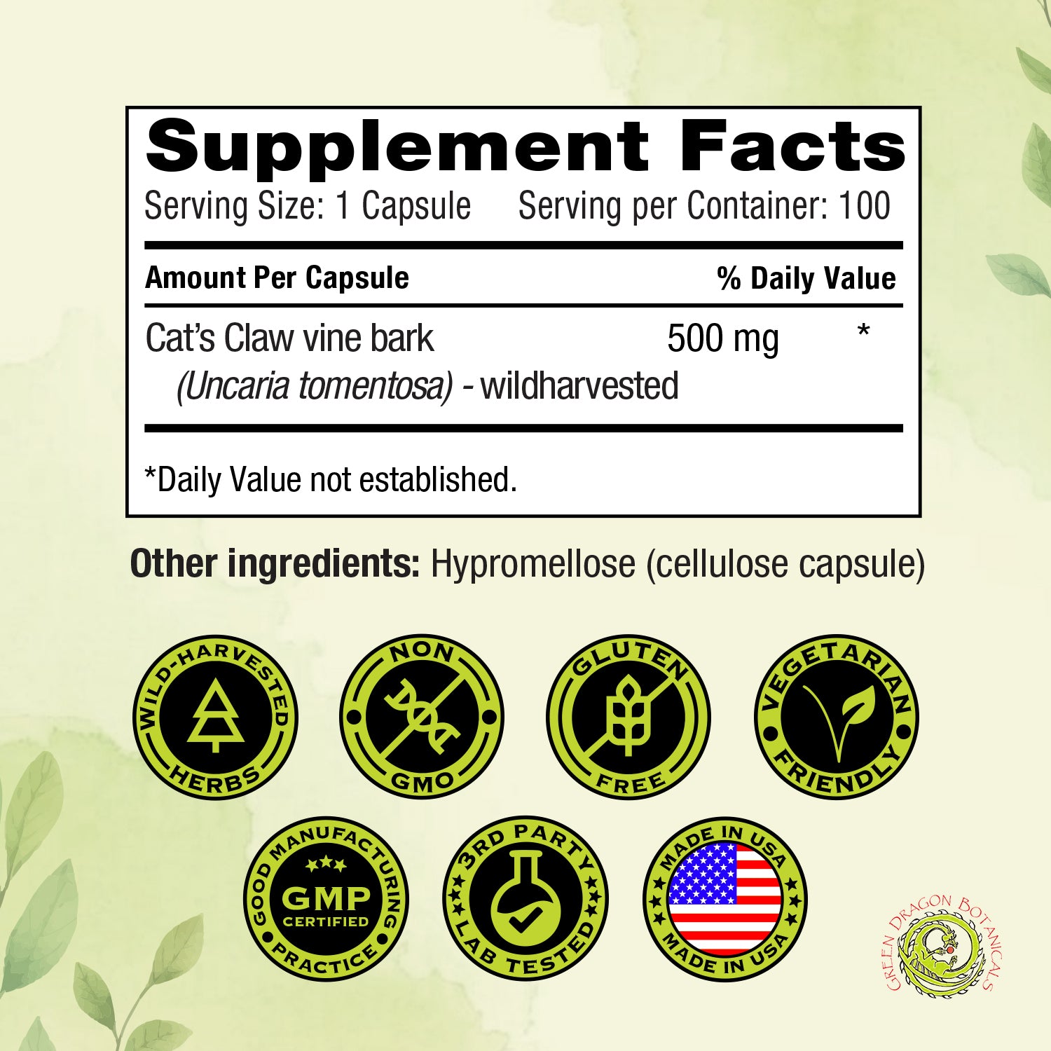 Cat’s Claw | 100 Capsules 500mg | Wild-Harvested Uncaria Tomentosa Vine Bark
