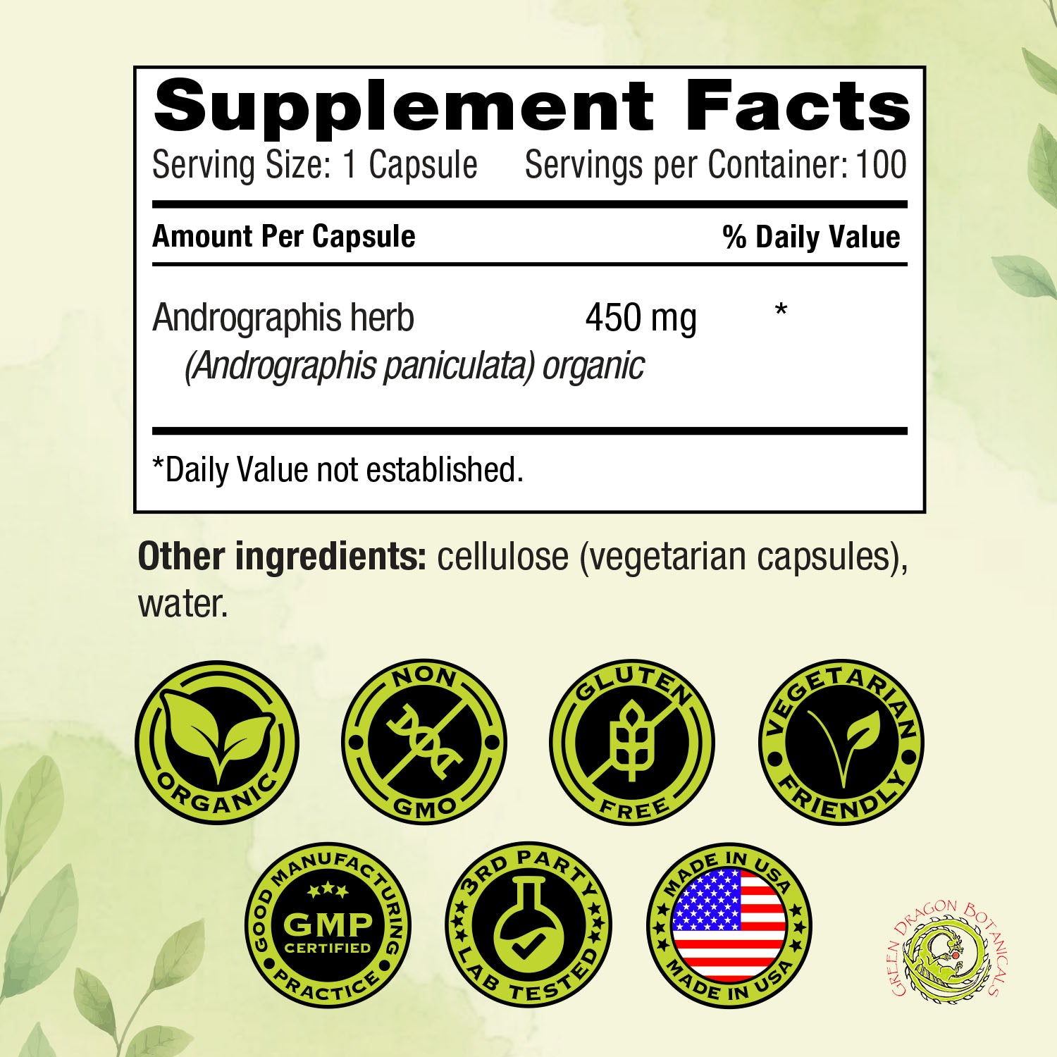 Andrographis Herbs | 100 Capsules 450mg | Organic Immune Support Supplement